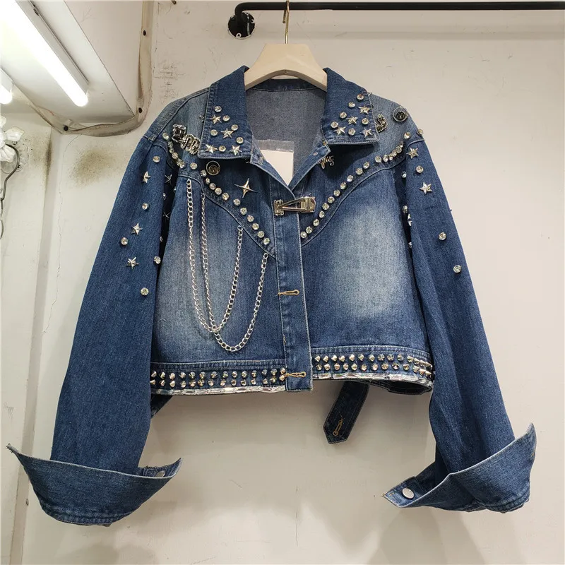 

Heavy Work Rivet Beaded Diamond Chain Tassel Denim Jacket Women Spring Casual Long Sleeve Short Jeans Jacket Coat Chaqueta Mujer