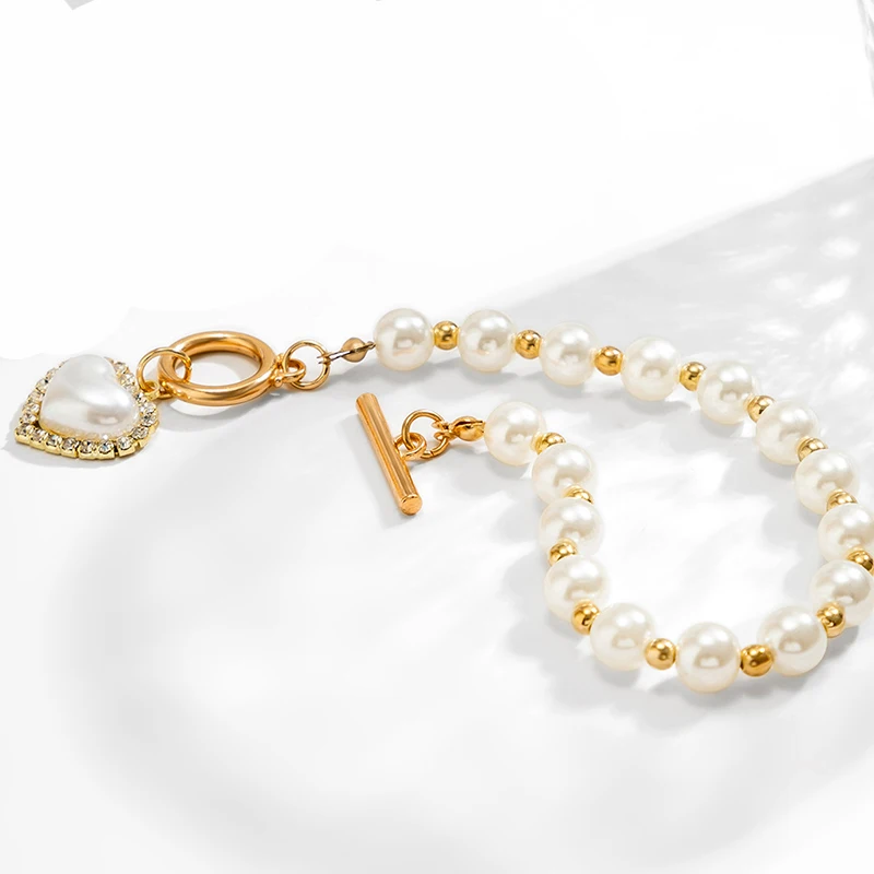 Boho Fashion Bracelets For Women New Vintage Crystal Pearl Heart Pendant Gold Color Jewelry Gift For Female B040