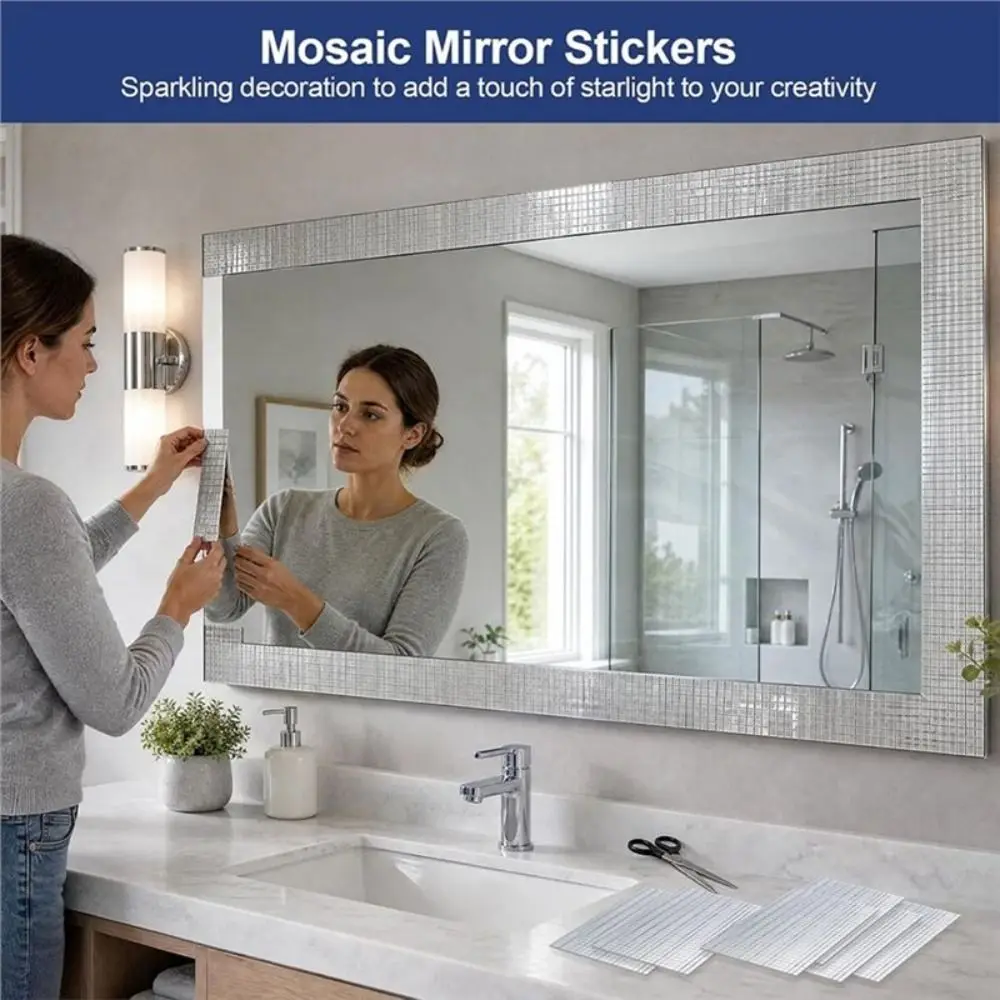 Flexible Sheet Mosaic Mirror Tiles Reflective Surface Square Shape Glass Mosaic Patches Silver Color Grid Pattern