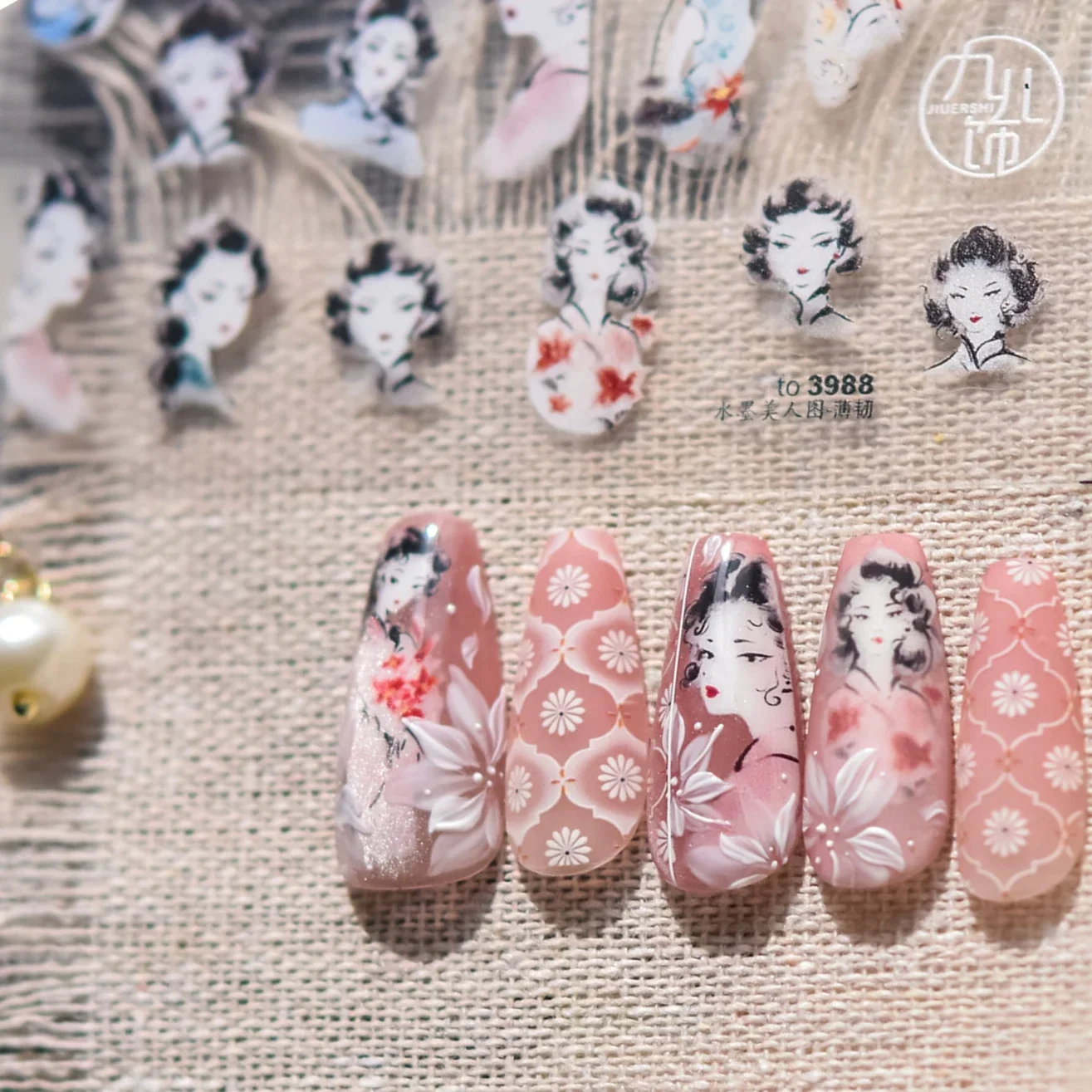 Ancient Costume Beauty Antique Chinese Characters Flower Chic Dragon Phoenix Ink Painting Charm Nail Art Stickers Manicure Decal