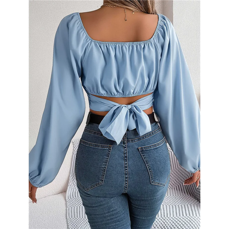 

【SEE】Women's Ruched Wrap Square Neck Flounce Long Sleeve Self Tie Crop Top Blouse