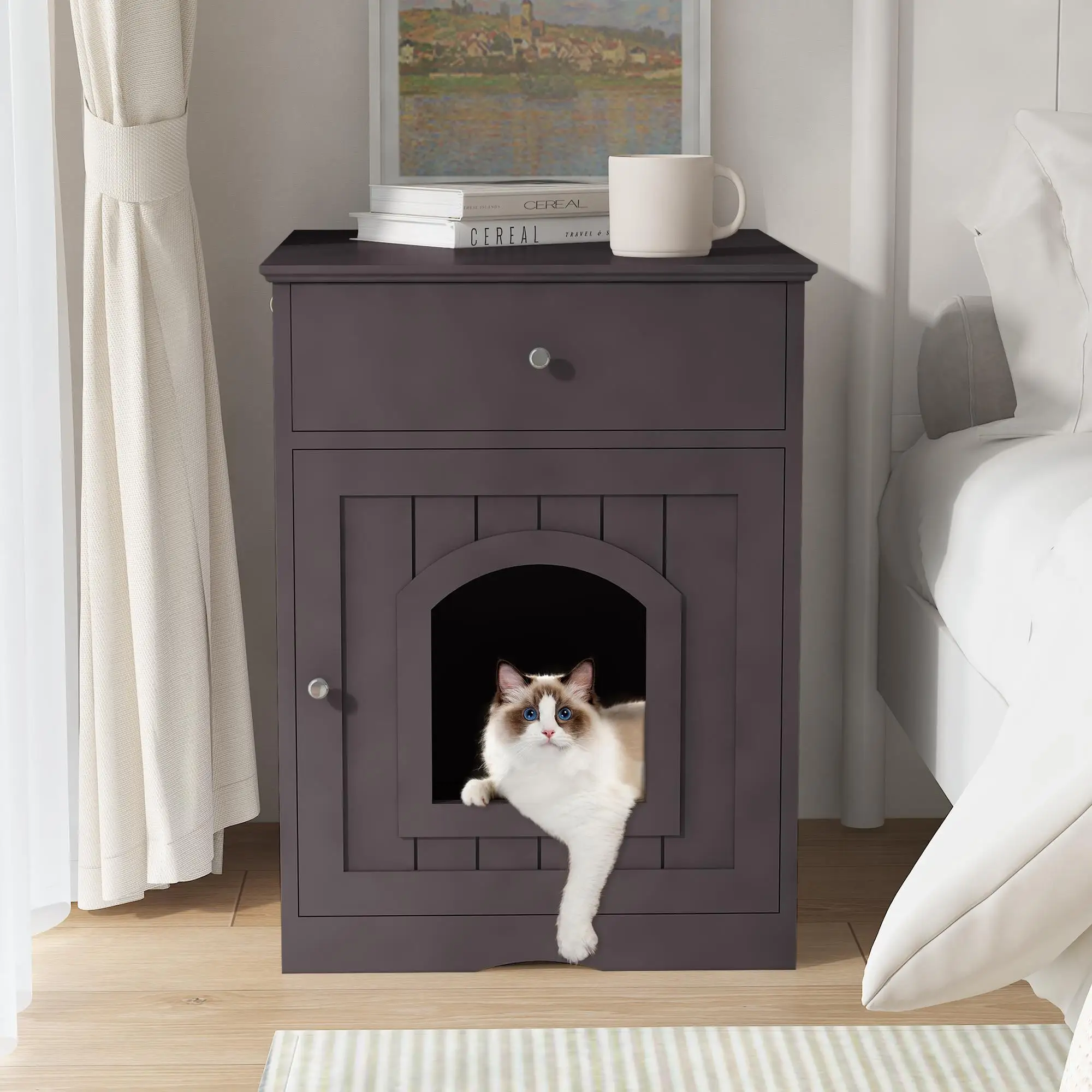 

Wooden Pet House Cat Litter Box Enclosure with Drawer, Side Table, Indoor Pet Crate, Cat Home Nightstand (Brown)