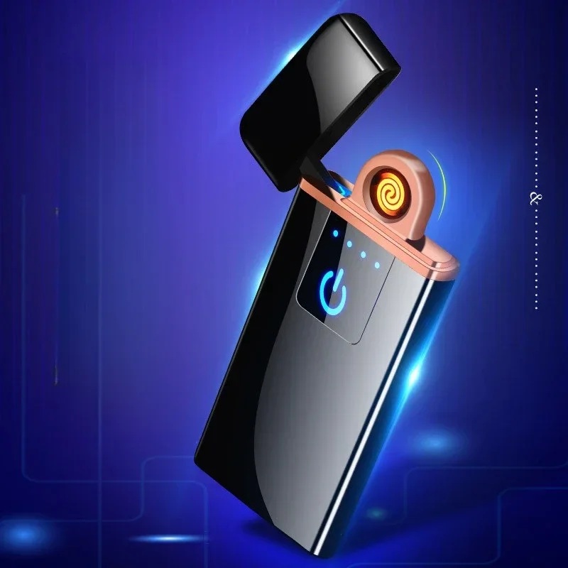 New Convenient Electric Coil USB Charging Fingerprint Sensing LED Display Flameless Tungsten Wire Lighter Outdoor Windproof Men