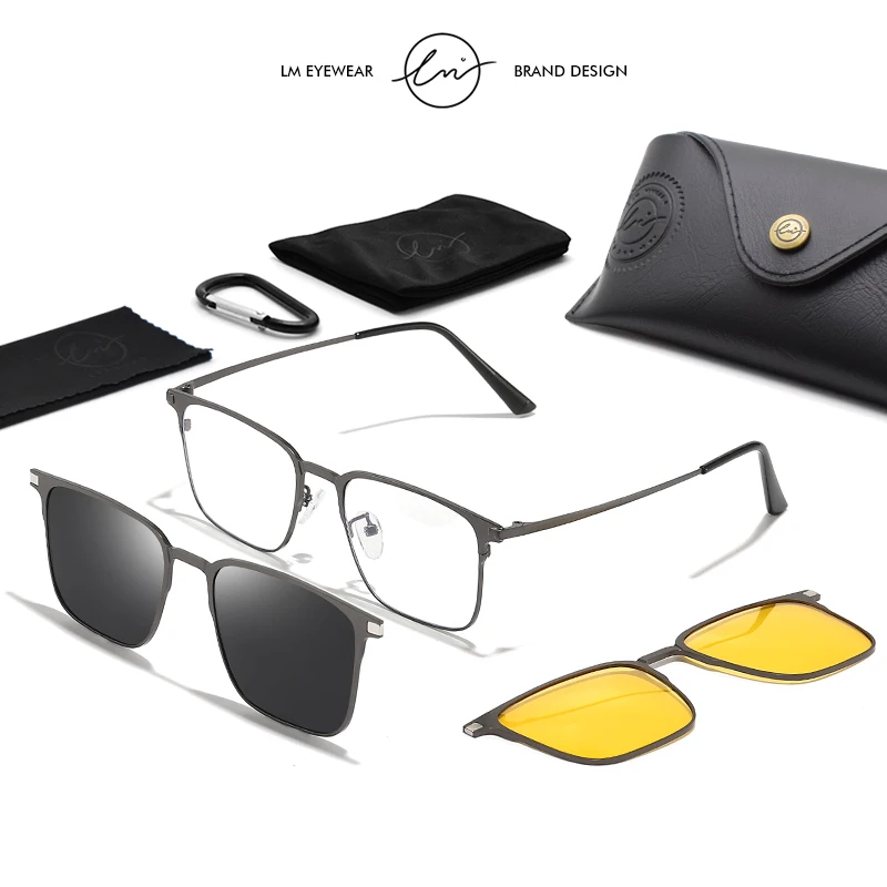 LM Fashion Square Metal Frame 3 in 1 Magnet Clip On Glasses Polarized Sunglasses Man Night Vision Clip Anti Blue Light Glasses