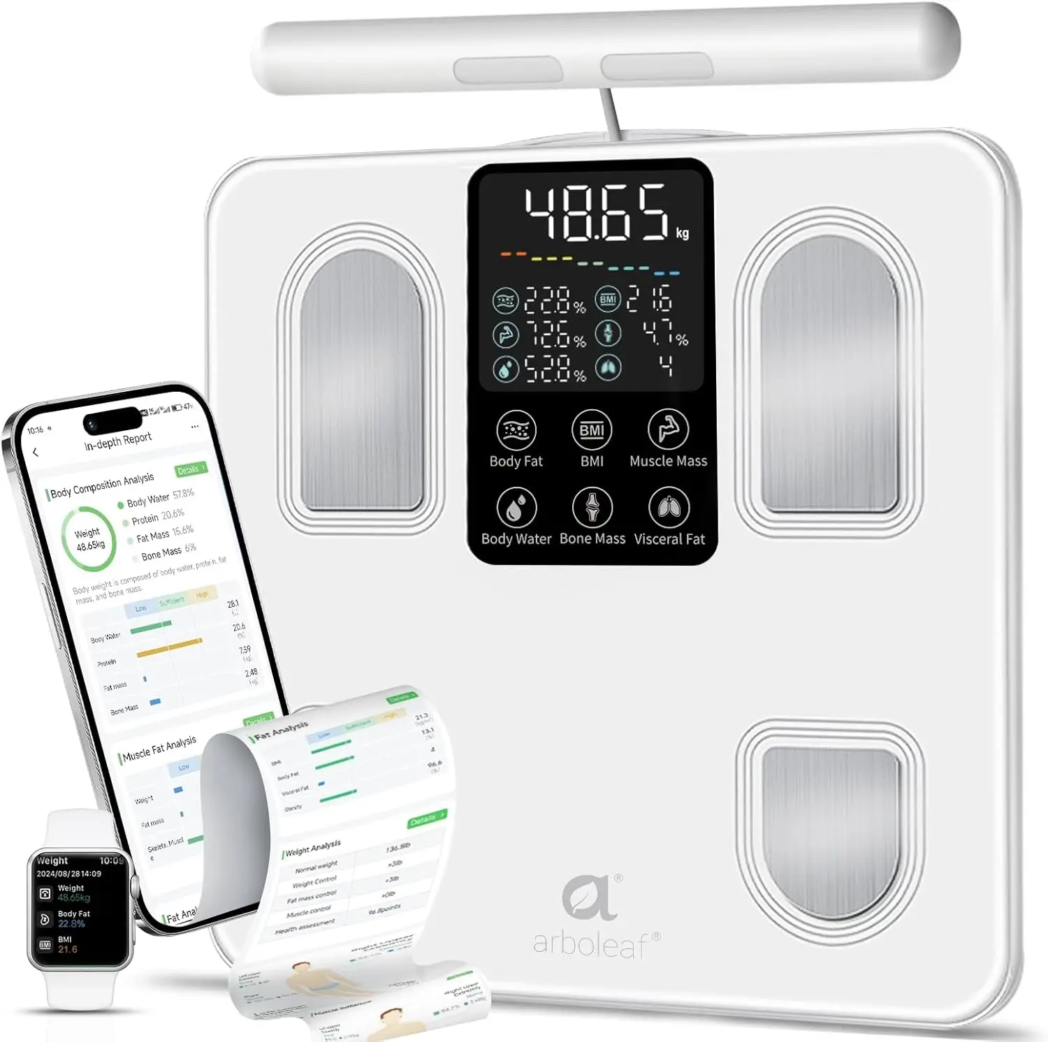 

Smart Body Scale with BMI, Fat, Muscle Analysis, 26 Metrics, Bluetooth Sync, White