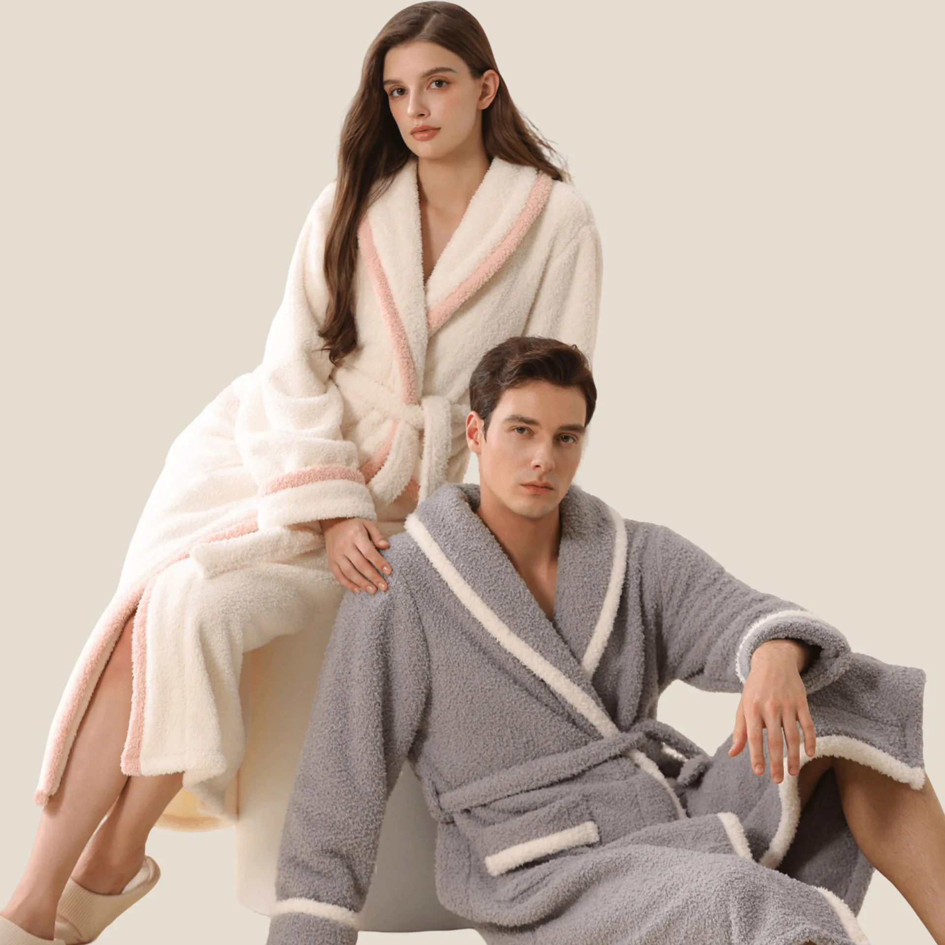 

Thicken Coral Fleece Long Robe Couple Sleepwear Home Dress Autumn Winter New Warm Flannel Kimono Bathrobe Gown Casual Loungewear