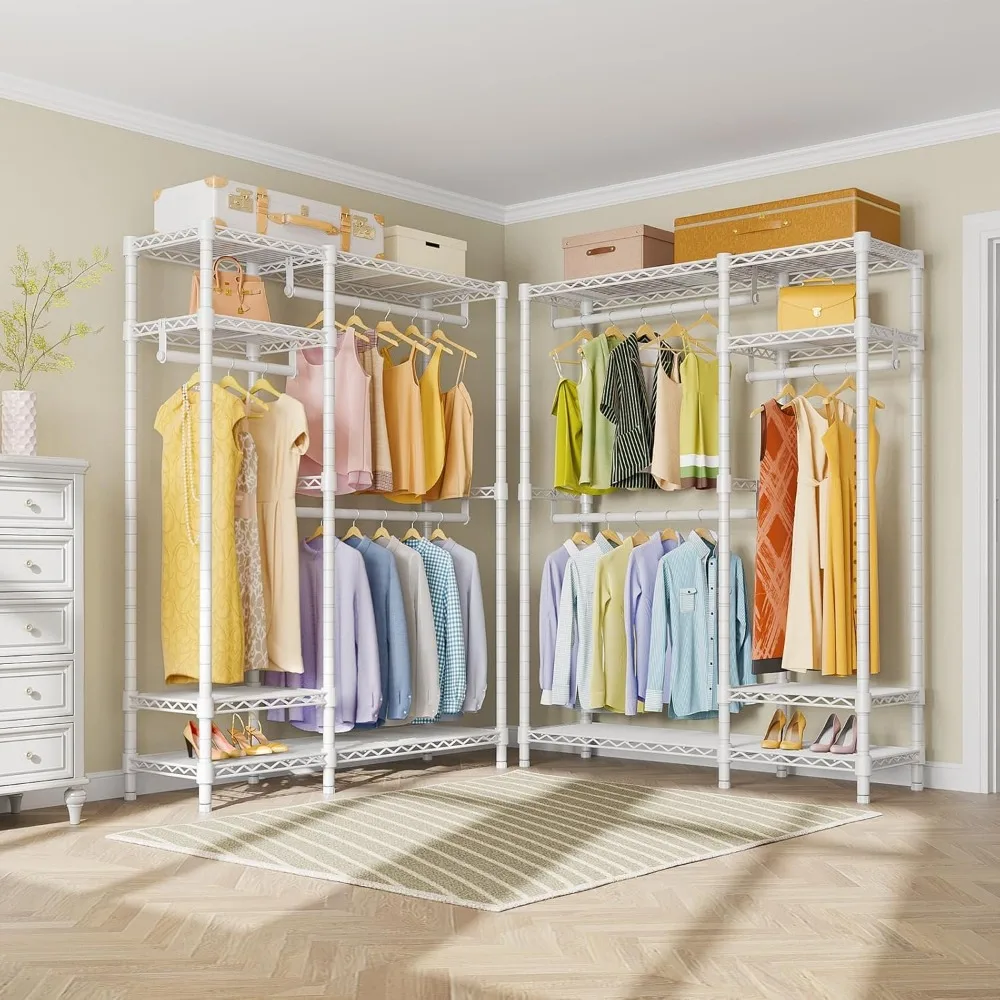 V2 Garment Rack Metal Clothing Racks for Hanging Clothes with 4 Tiers Wire Shelving & 3 Hanging Rods, Free Standing Closet