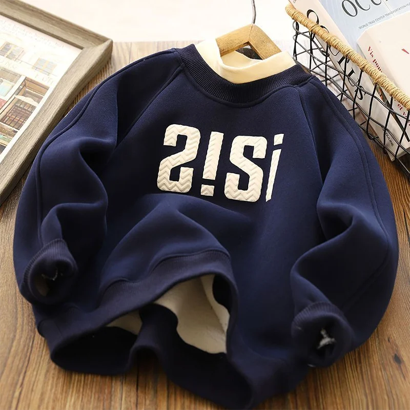 Boys Plush Warm Color Blocking Sweatshirt Autumn Winter 5-14 Years Kids Fashion Letter Print Casual Thickened Pullover Tops