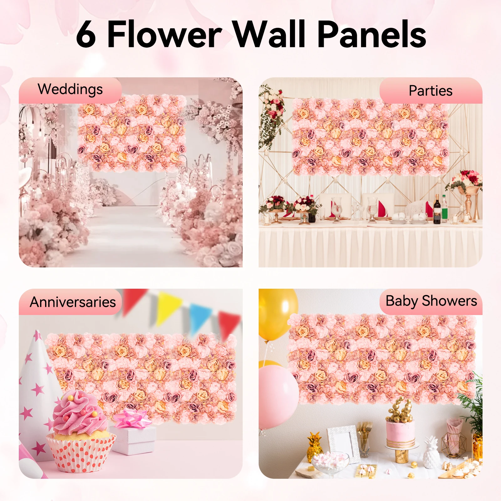 

6PCS Autumn Pink Silk Flower Wall Panels, Artificial Realistic DIY Home Wedding Decor, Waterproof