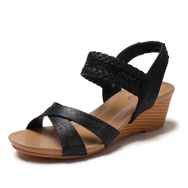 

Bohemian Wedge Sandals Women New Ethnic Open Toe Cross Woven Roman Shoes