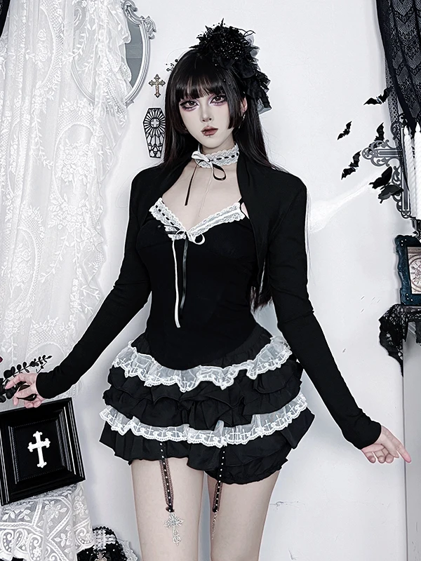 

Wannathis Dark Style Long Sleeve Girl Set with Puffy Skirt High Waist Spring Summer Fashion Outfit for Teenage Girls