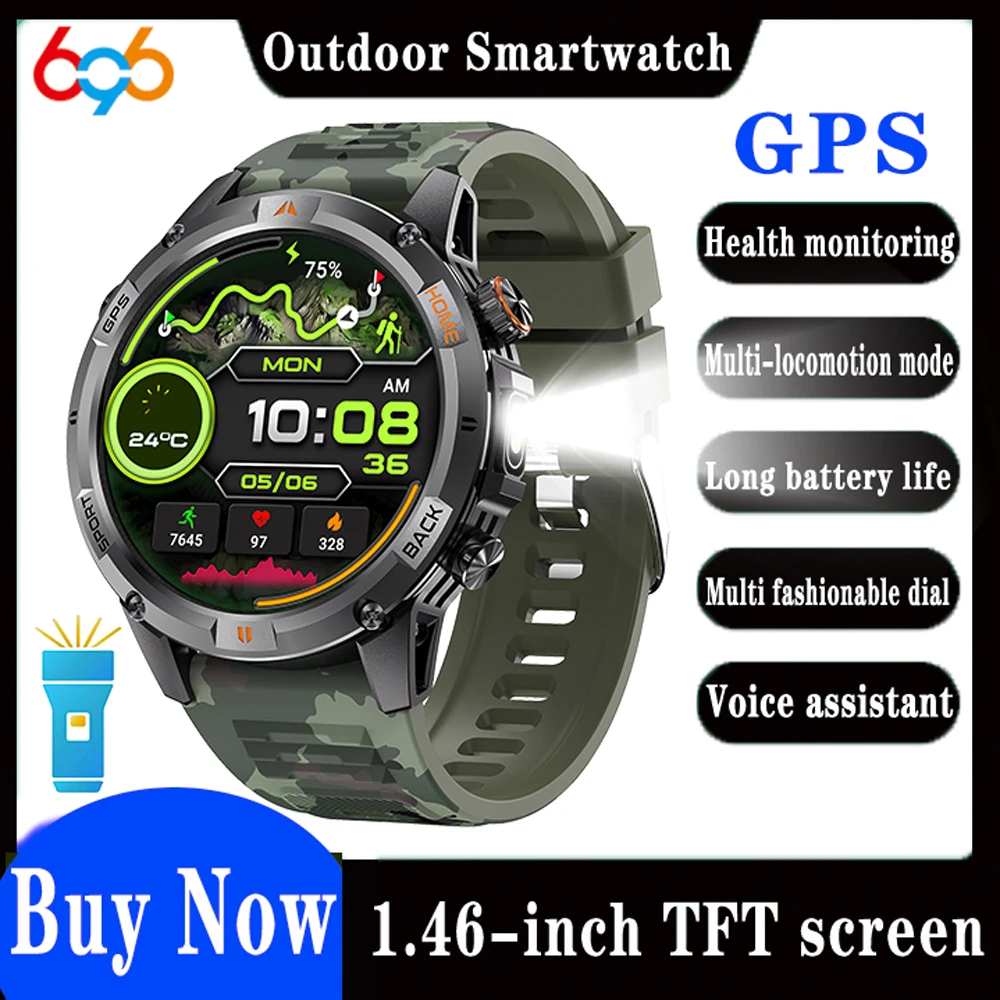 

Умные часы для мужчин, наручные часы с фонариком, компасом, GPS, Bluetooth, водонепроницаемые, спортивные, для здоровья, с функцией звонков, 580 мАч