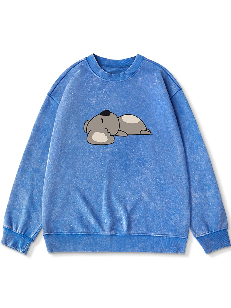 

Koala Lying Flat On The Ground Print Washed Hoodie Women Warm Distressed Tops Casual Cotton Sweatshirt Autumn Basic Sportswears