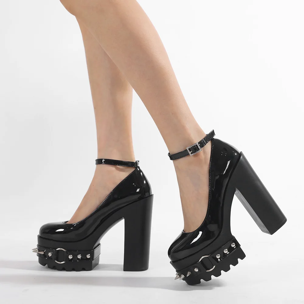 14cm Studded Pumps Women Chunky Heel Round Toe Shallow Shoes Belt Buckle Biker Chic Party High Heels Trendy Rock Style Party