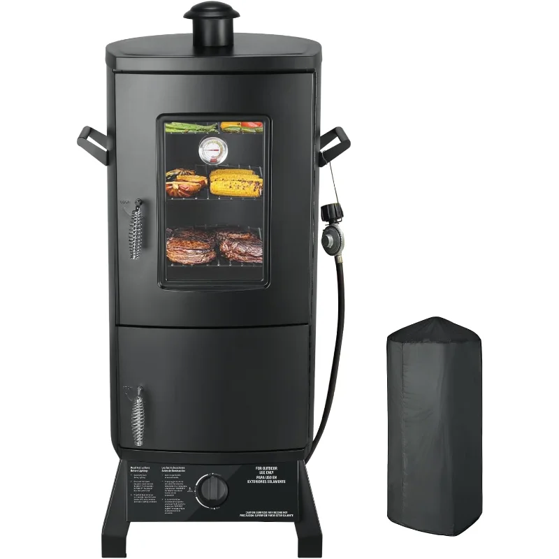 

Propane Smoker with Cover, Vertical Smoker Grill with Temperature Control Outdoor Heavy Duty Three Removable Smoking Shelves