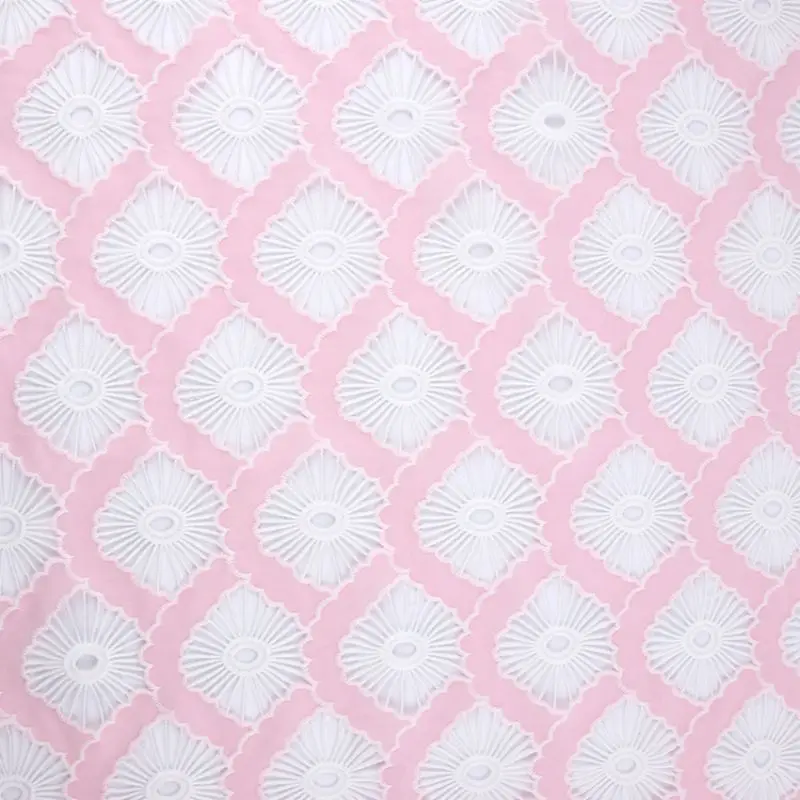 2Y Chiffon base laser cut embroidered clothing geometry square polyester lace for daily woman dress garment  pink apricot white