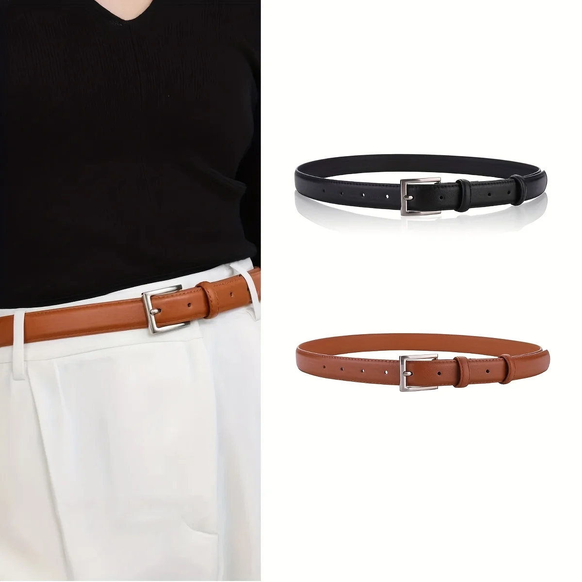 高級ヴィンテージスタイルの女性用レザーベルト、エレガントなシルバーピンバックル付き本革ウエストベルト（パンツやジーンズ用）