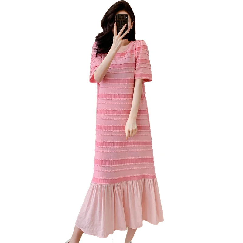 Women Cotton Long T-shirt Dresses Summer Female O Neck Short Sleeve Large Size 2XL Elegant Pink Stripe Ruffles Patchwork Vestido