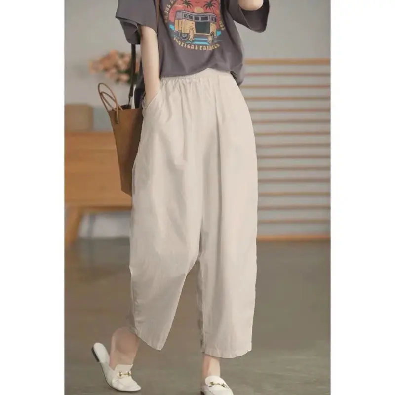 

Women Summer Simplicity Loose Appear Thin Solid Color Cotton High Waist Wide Leg Women Clothes Casual All-match Cropped Pants