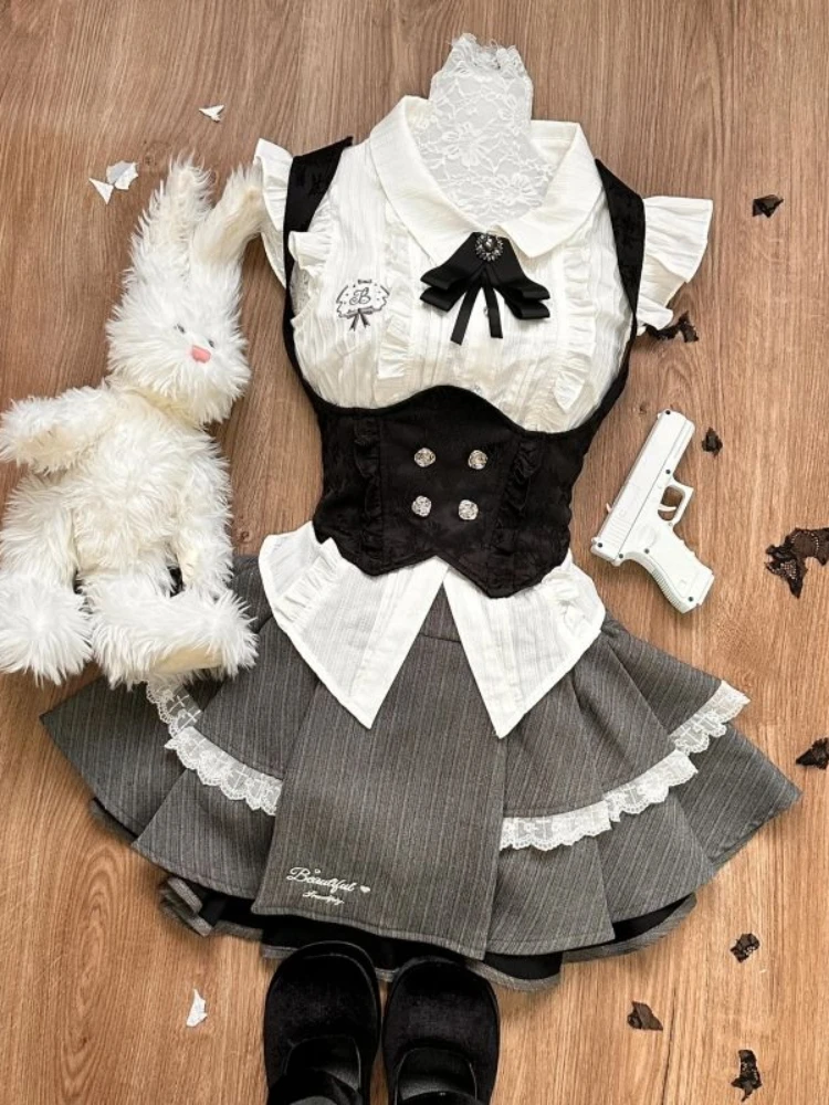 Japanese Lolita Sweet 3 Piece Set Women Chic Shirt + Black Vest +Grey Pleated Skirt New Design College Style Kawaii JK Suit 2024