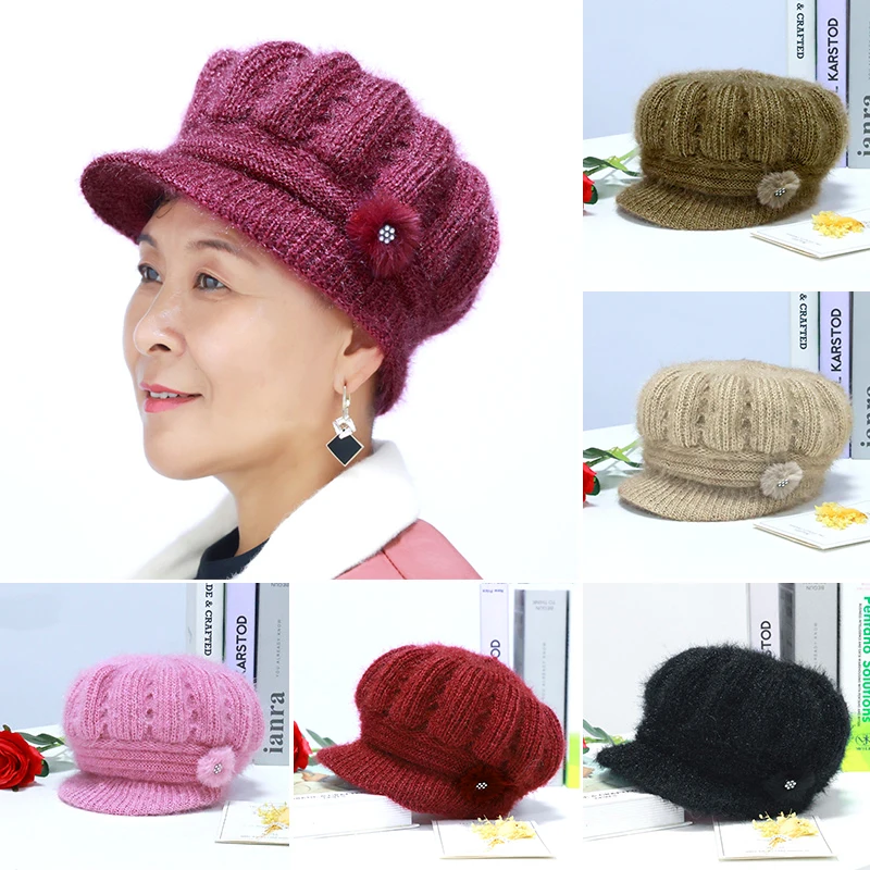 Nuovo cappello invernale donna elegante berretto foderato termico cappelli spessi e caldi per mamma femminile cappello lavorato a maglia misto pelliccia di coniglio Casual muslimah