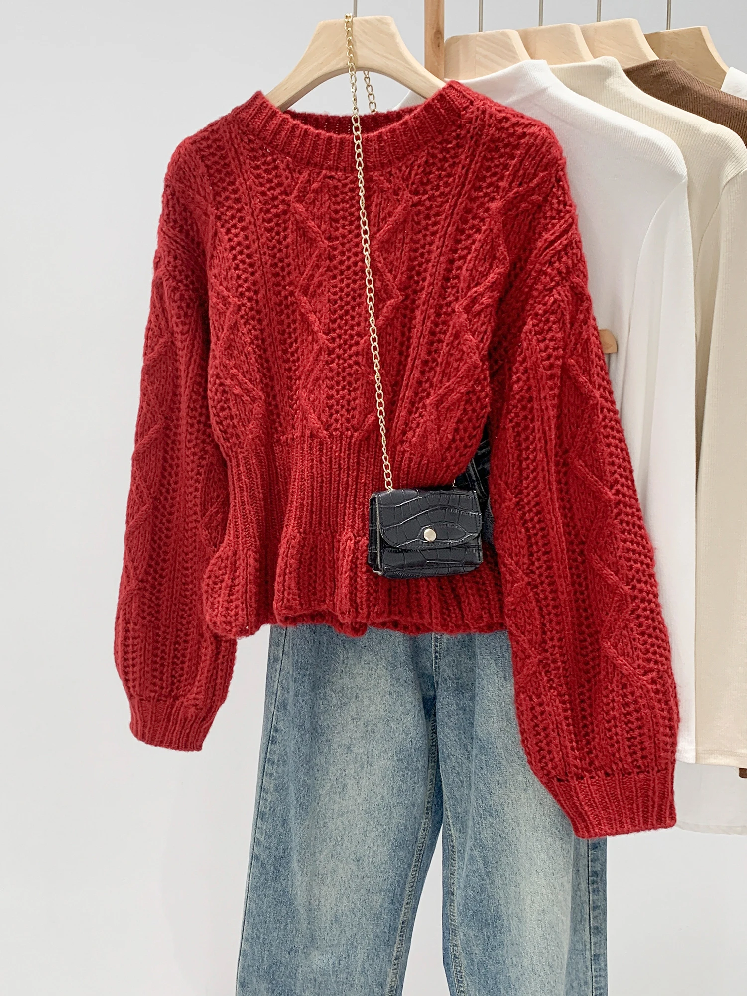 

Ladies' Lazy Style Knitted Sweater with Waist-Cinching Lantern Sleeve Long Sleeve round Neck Pure Color Winter New Arrival Sl...