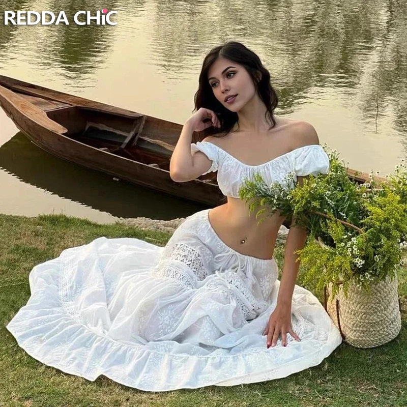 

REDDACHiC Boho White Hollow Out Floral Lace Puff Sleeve Corset Top Drawstring Waist Maxi Long Skirt Set Coquette Women Clothes