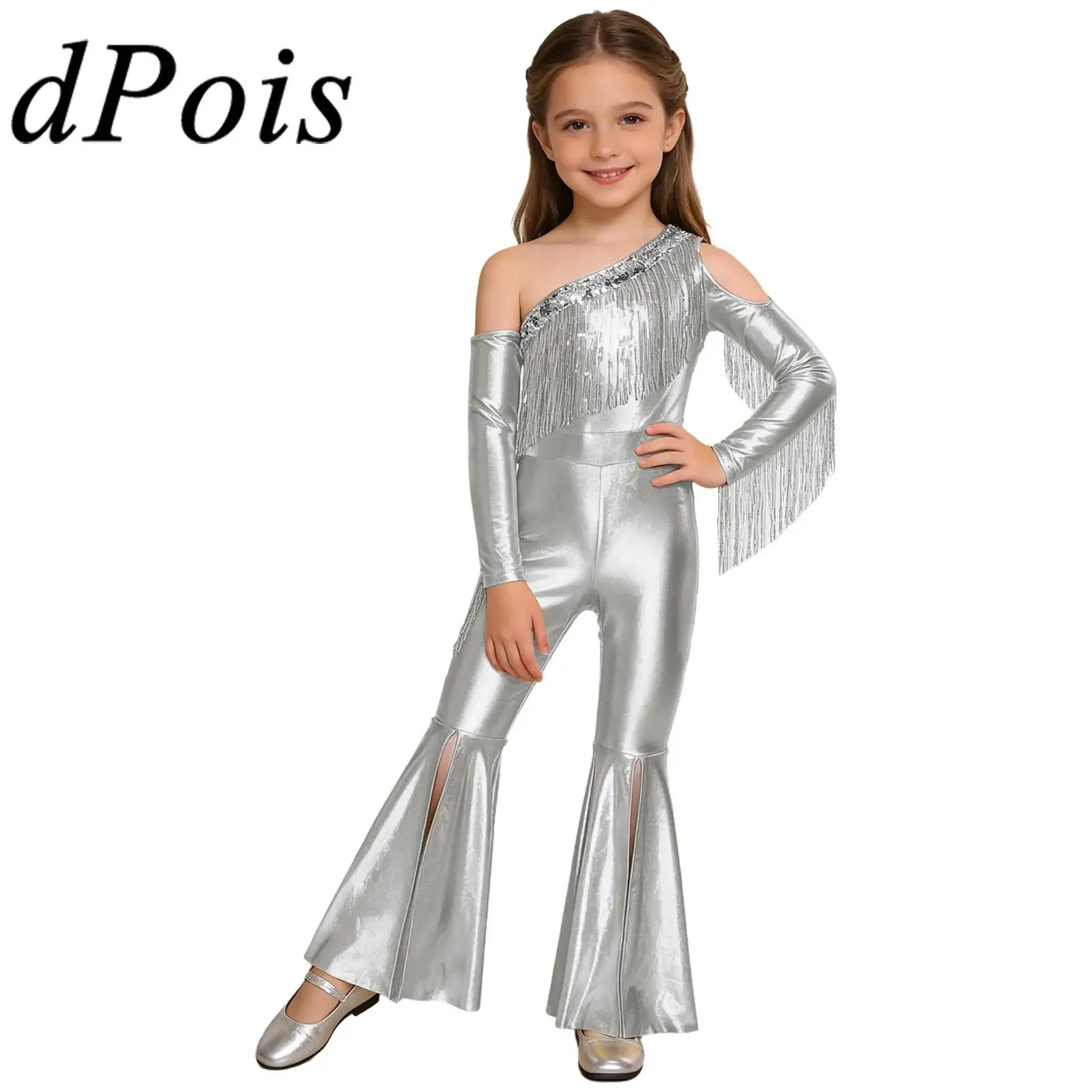 

Детский костюм для диско-джазового танца 70-х годов для девочек, комбинезон с металлическим рисунком, расклешенные на одно плечо, детские праздничные комбинезоны, комбинезон с блестками и кисточками