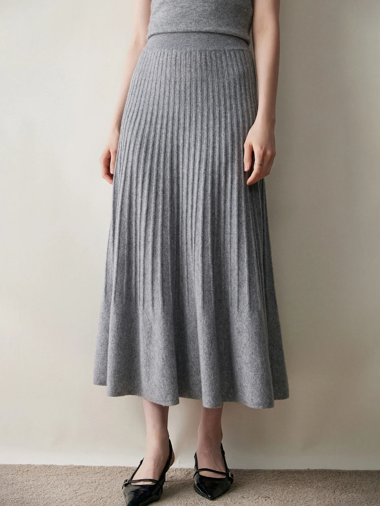 

Autumn Winter High Quality Women's A-line Umbrella Skirt Chic Female Grace Soft Simple Style 100% Cashmere Knitted Skirt New