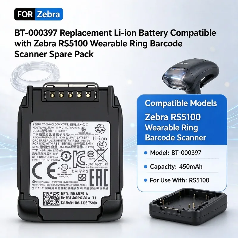 BT-000397 Replacement Li-ion Battery Compatible with Zebra RS5100 RS5000 Wearable Ring Barcode Scanner Spare Pack