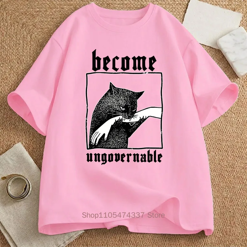 Become Ungovernable Lustiges Grafik-T-Shirt mit Katze, die die Hand beißt, Sommer-T-Shirt für Männer und Frauen, modisch, Vintage, Streetwear, O-Ausschnitt, kurzärmelig – Detail 5