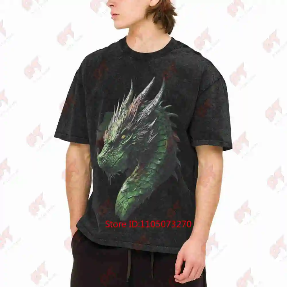 Green Dragon Mythical Scale Vintage Washed Tee Pure Cotton T-Shirt