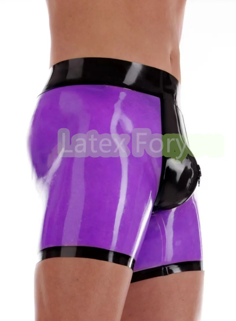 Handmade Natural Basic Classic Latex Men Panties Purple With Black 3D Crotch Zip Fitted Sexy Rubber Shorts Boxer