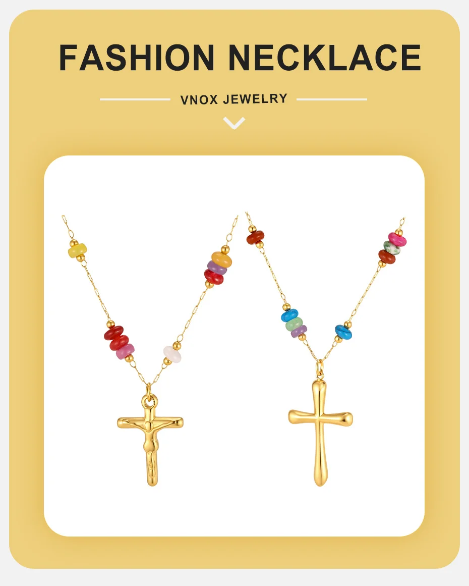 Vnox Trendige Vergoldete Jesus-Kreuz-Halskette mit Natursteinen in verschiedenen Farben für Frauen, Handgefertigte Perlenkette, Christlicher Gebetsschmuck – Detail 1