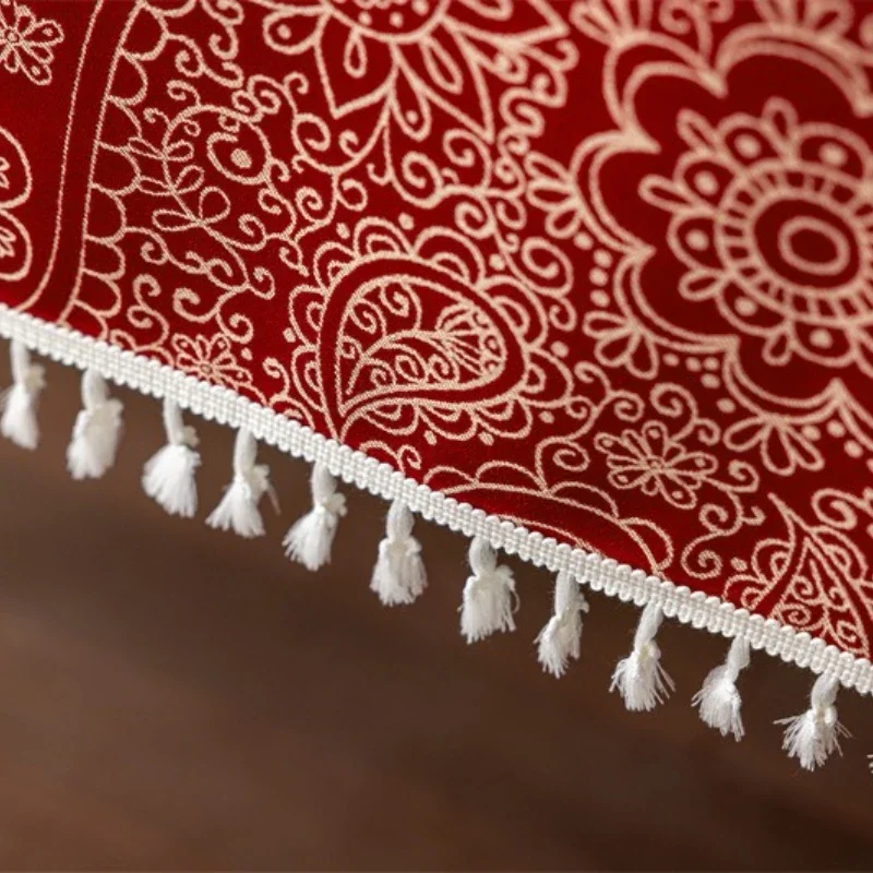 Cover Cloths Red Jacquard Tea Table Wedding Celebration Chinese Style Rectangular Gold Tassel Lace Restaurant Tablecloth 1pcs