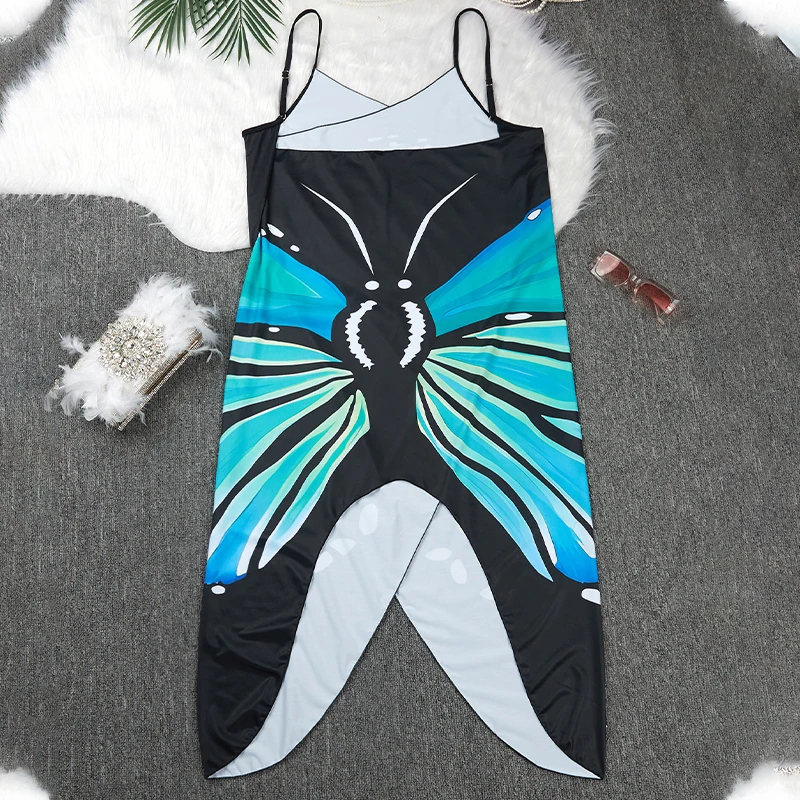 One-piece Swimsuit Butterfly Print Halter Group, Long Dress A Variety Of Diy Wear With Bathing Suit Ladies