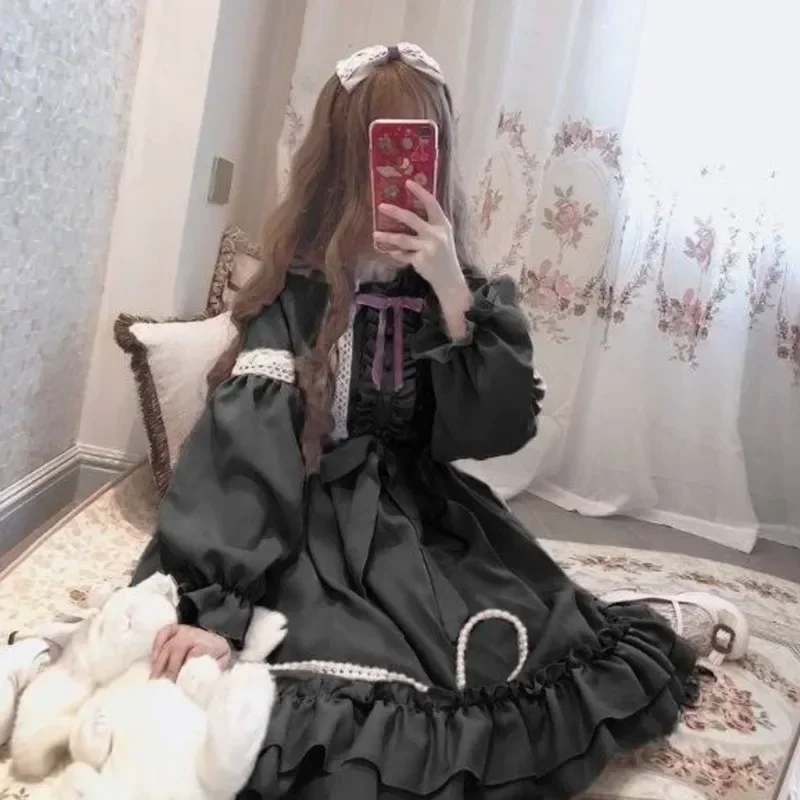 Alice In Wondeland Cute Women Lolita ON Dress Flouncing Lace Trim Japanese Harajuku Long Sleeves Doll Teen Dress Fairy Vessidos