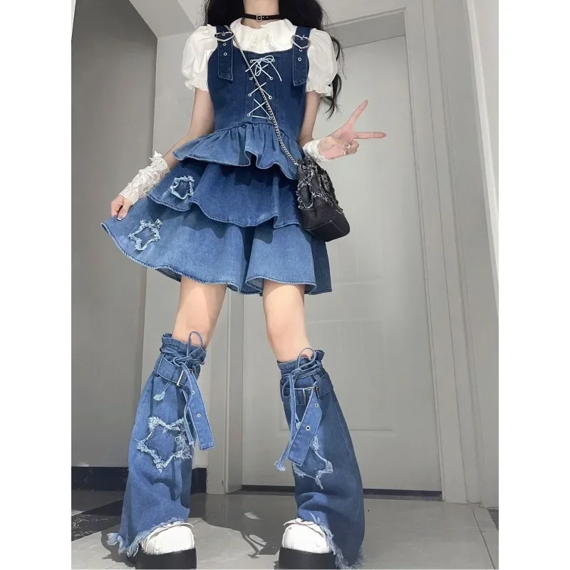 Fashion White Lace Puff Sleeve Shirt Bandage Pleated Denim Suspender Dress Women Y2k 2024 Sweet Lolita Dress Suit Plus Size