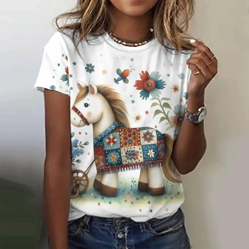 Summer Vintage Animal Horse 3D Print T-shirts Women Streetwear Casual Fashion Y2k Short Sleeve T Shirt O-neck Tees Tops Odzież