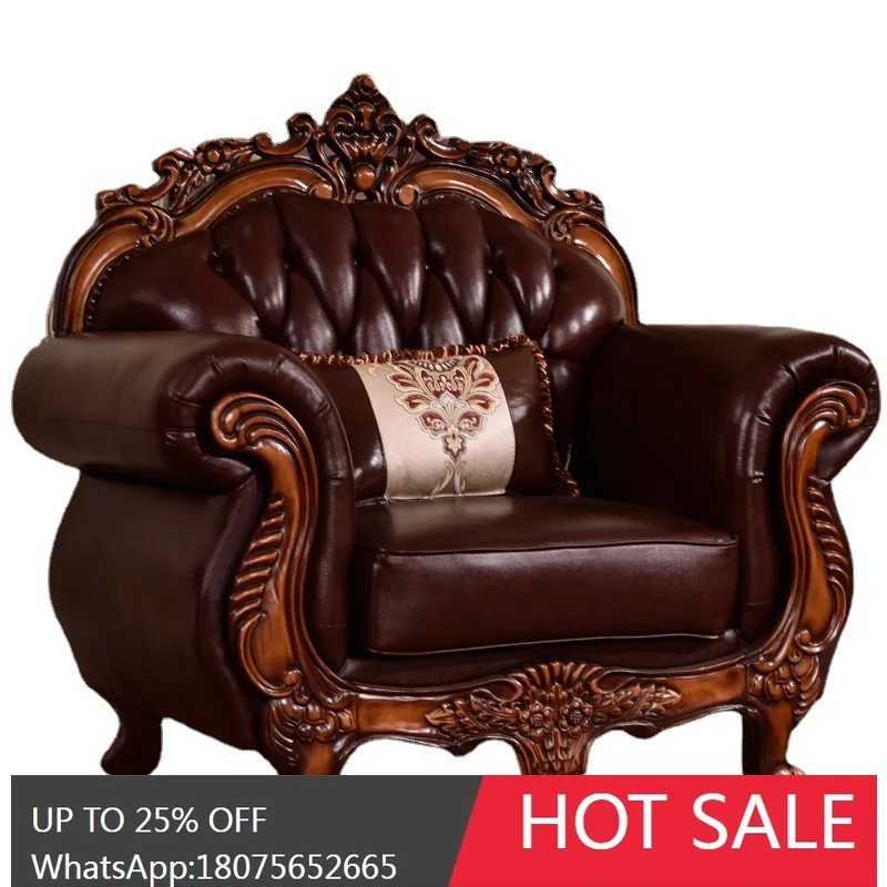 HLZ European-style Solid Wood Leather Sofa Living Room High-end Sofa Cowhide Sofa