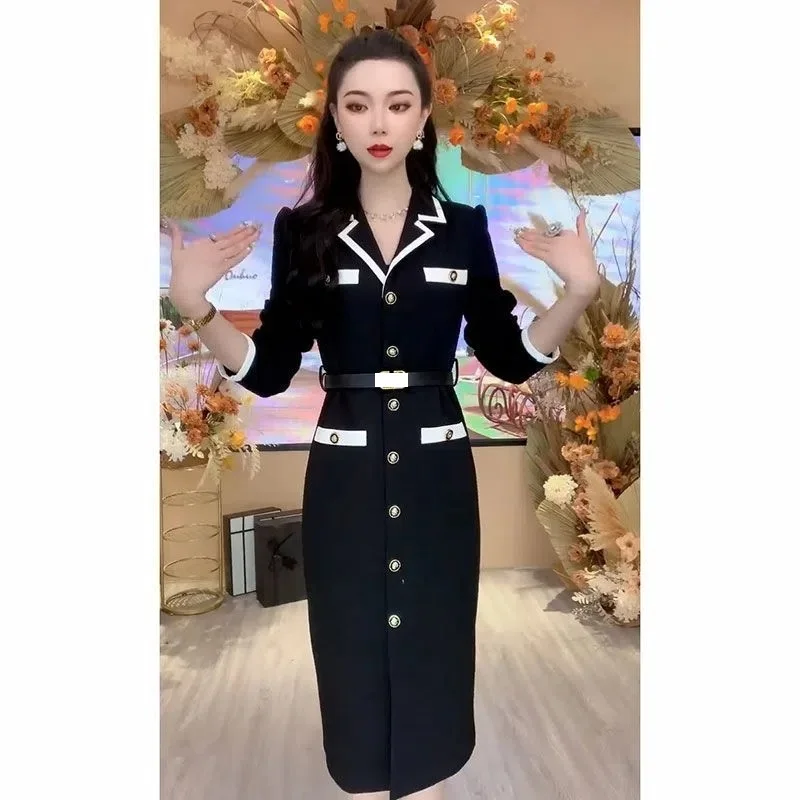 Women Fashionable New Button Decoration Small Fragrant Autumn Long Sleeve Dress Light Luxury High Waist Thin Mid length Dress