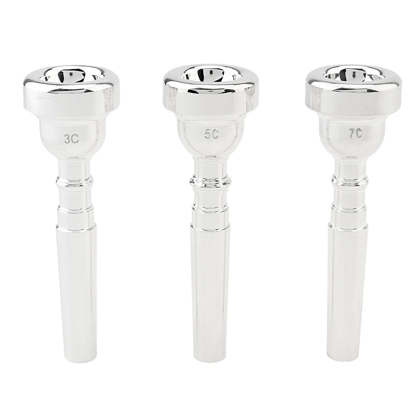 Versilbertes Messinglegierungs-Mundstück-Set 7C 5C 3C für Trompeten, passend für Yamaha / Bach / Conn / King, mit Bürste, Reinigungstuch, EVA-Etui – Detail 2