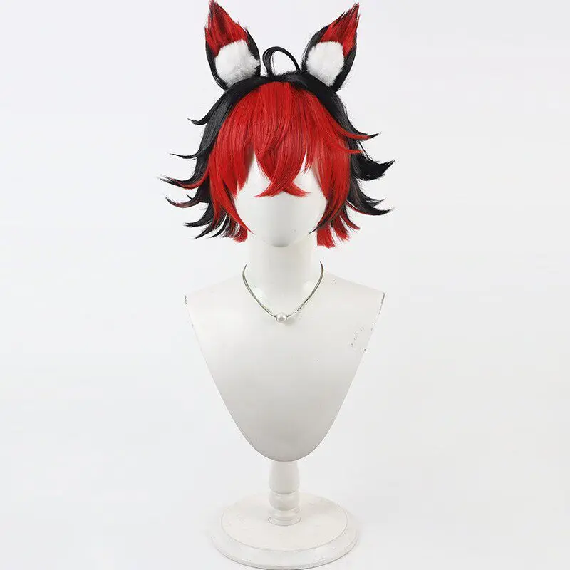 لعبة Zenless منطقة صفر كومانو ماناتو شعر مستعار تأثيري الأسود والأحمر قصير تأثيري الشعر مع آذان لحفلة Comicon الكبار النساء الرجال