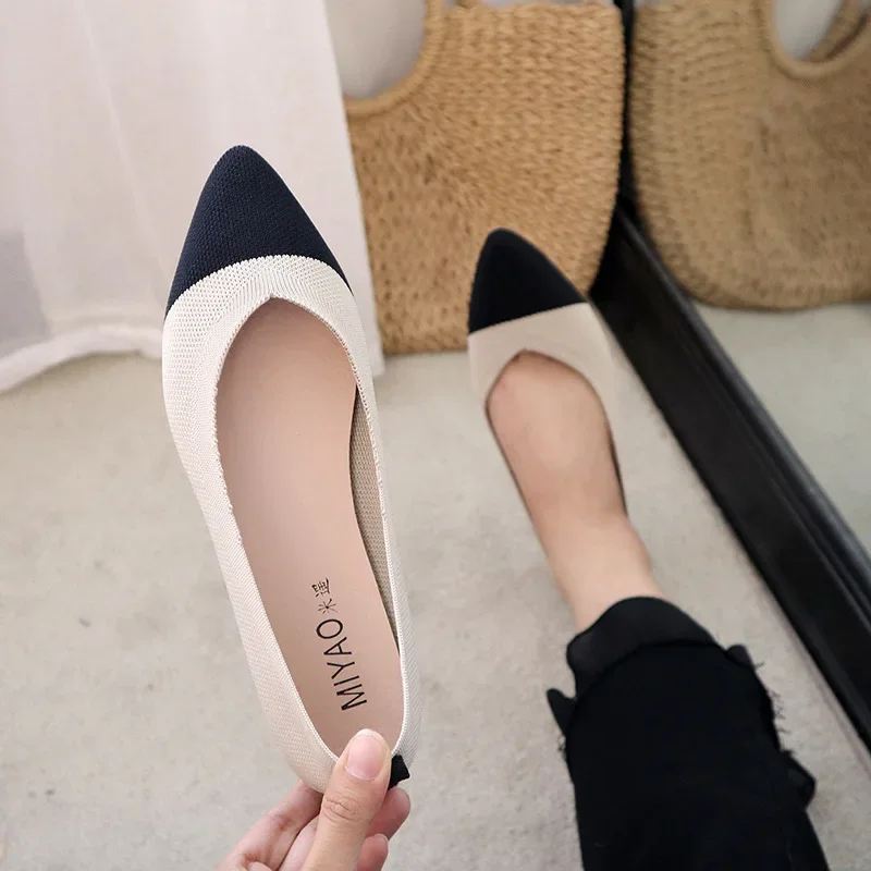 Casual Knitted Flat Shoes Women Pointed Toe Soft Sole Single 2024 New Simple Splicing Shallow Mouth Comfort House Shoes