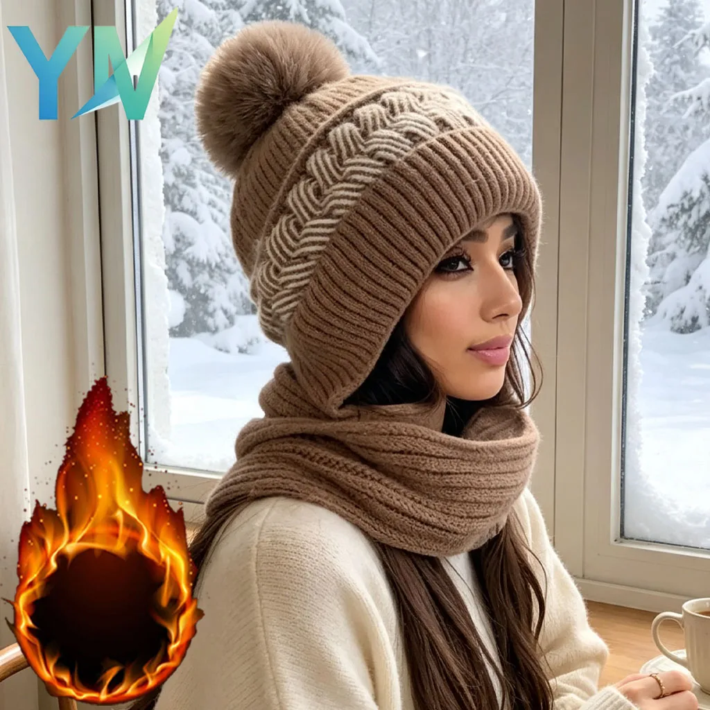 1-5PCS Warm Thick Cozy Soft Fleece Lined Knitted Earflap Beanie Scarf Set  Clip Hook for Women Winter Outdoor Daily Cold Weather