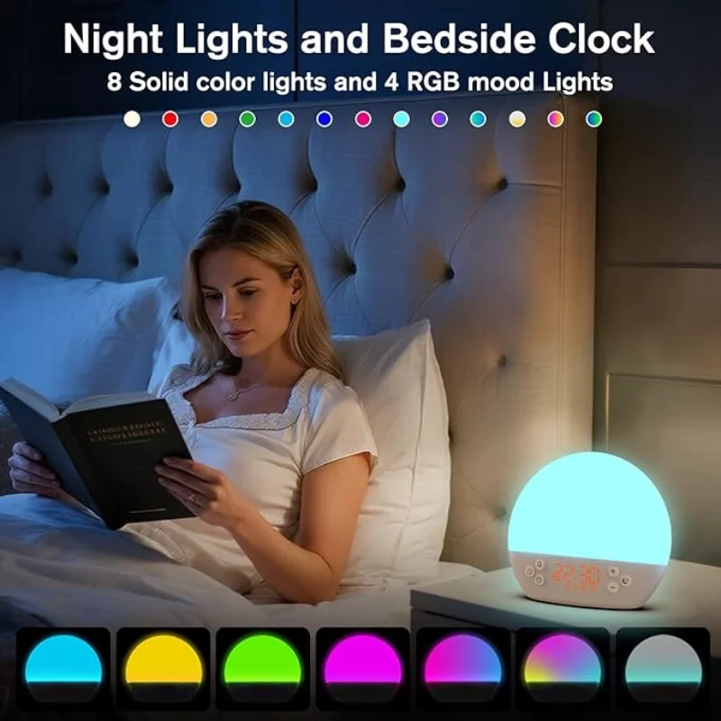 Sunrise Simulation Wake Up Light Alarm Clock RGB Night Light 30 White Noise Sounds Dimmable Bedside Lamp Digital Clock Sleep Aid