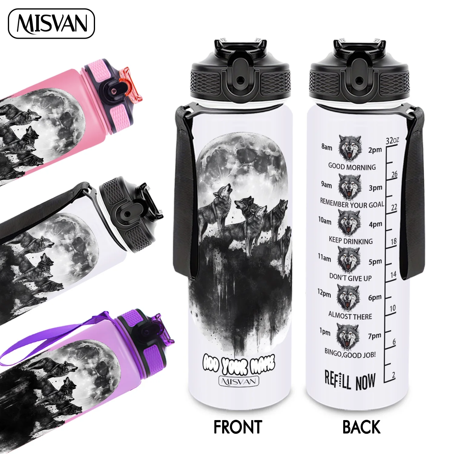 

1PC,Customization Name 32oz Water Bottle,Moonlit Wolves Howling Design,Encourage Daily Hydration,for Gym Outdoor Cycling