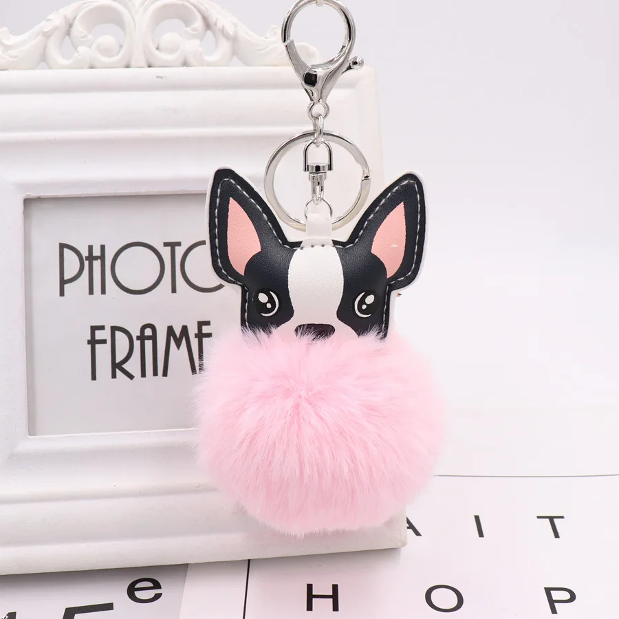 Lilangda 2021 Fashion Cute Rabbit Fur Dog Fluffy Puff Hot Sale Keychain Pompom Key Chain Holder Fur Ball Dog Keychains