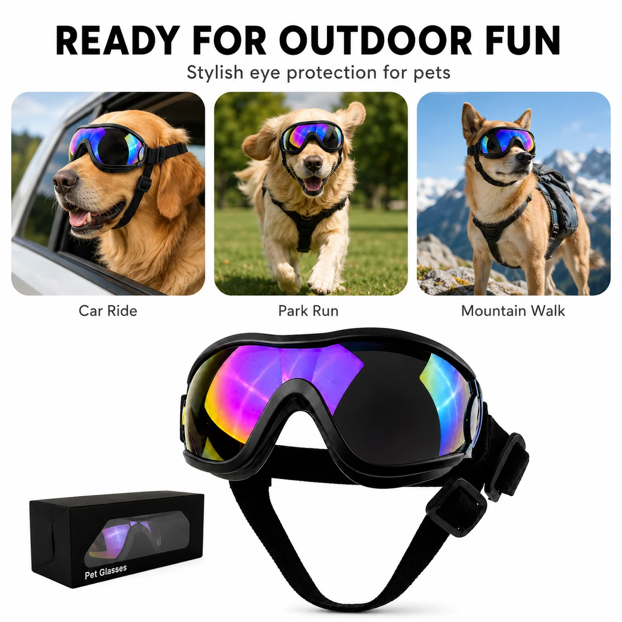 Hundebrille mit Einzelverpackung, UV-Schutz, Doppelriemen für kleine, mittelgroße und große Hunde, Outdoor-Fotorequisiten für Reisen – Detail 5