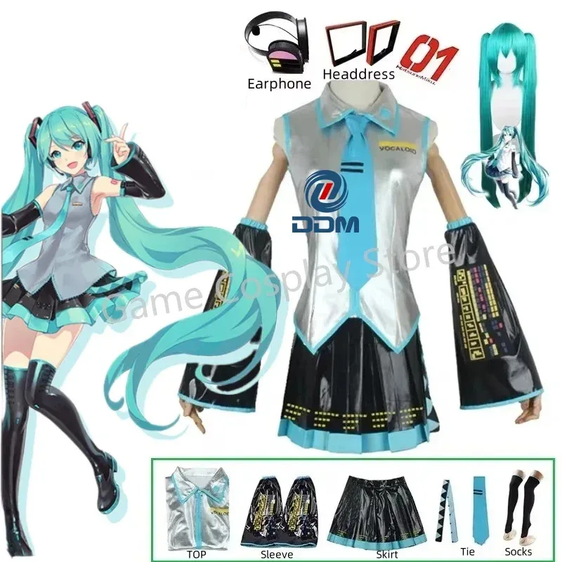 

Miku Silver Leather Fabric Suit Cosplay Headwear Costume JK Sailor Dress High School Halloween Uniform Wig if;3